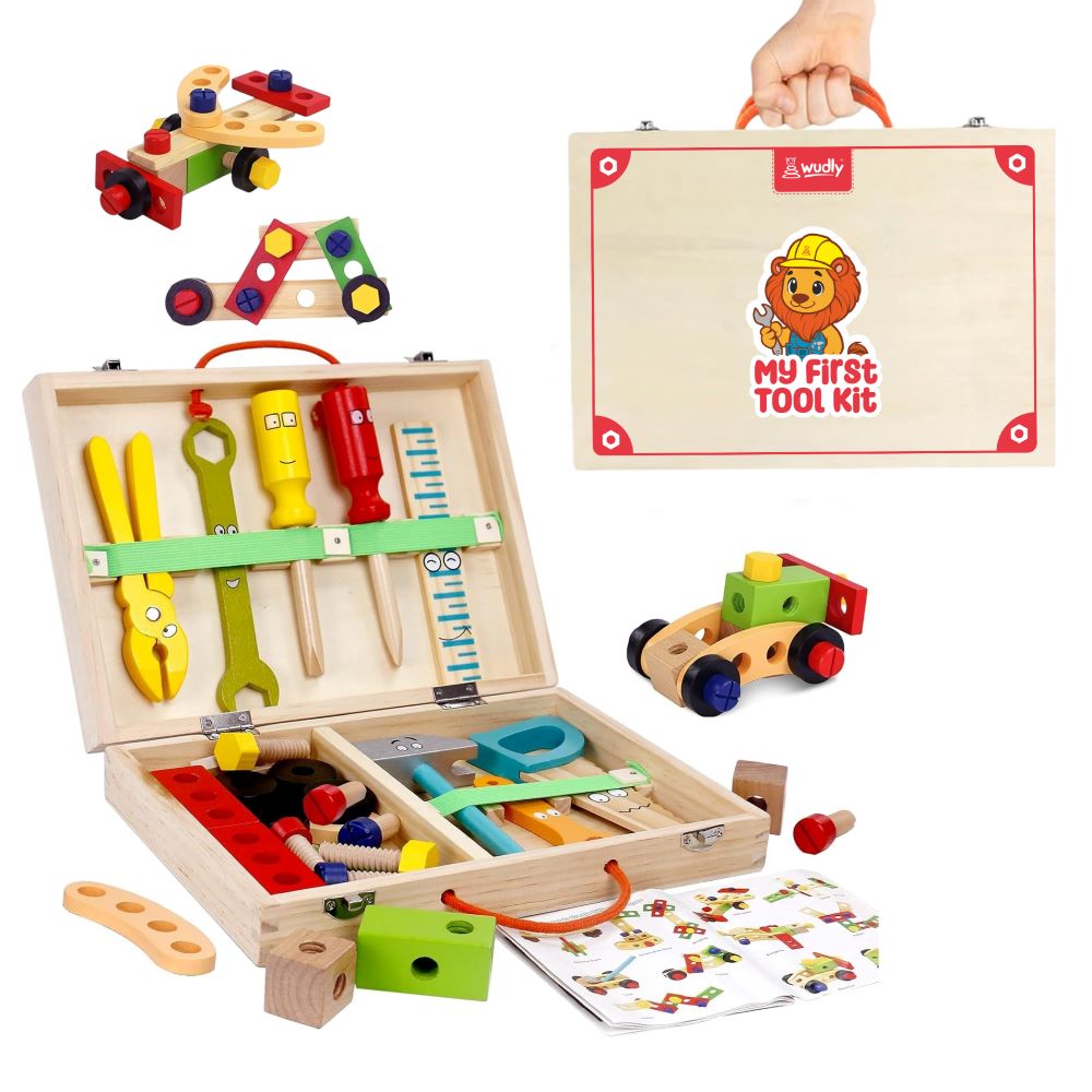 Wudly - Wooden Tool Box, Montessori Educational STEM Toys, Construction Learning Toys for 3+ Years Kids, Set of 53 pcs, Child Safe Certified, Multi color