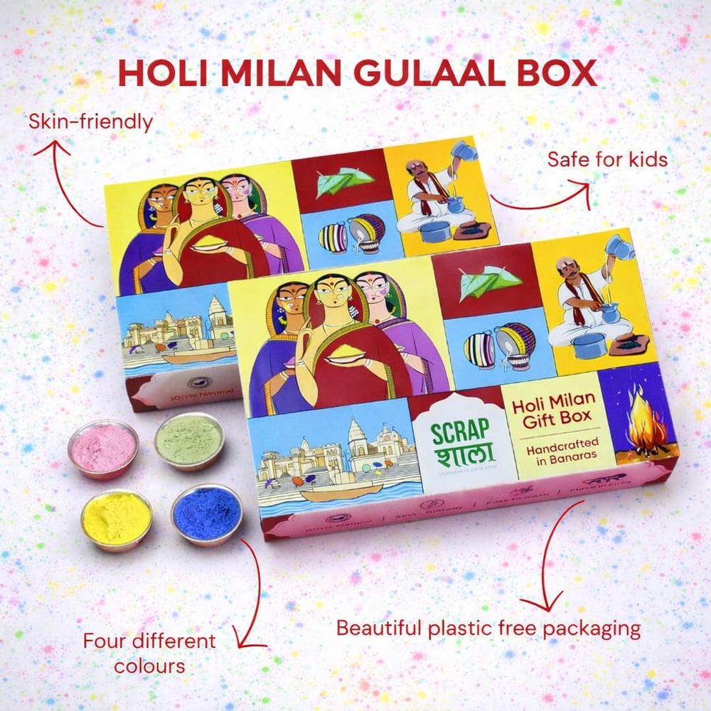 Scrapshala Holi Milan Gulaal Box | Four Packs of Natural Gulaal | Safe for Kids | Handmade in Banaras