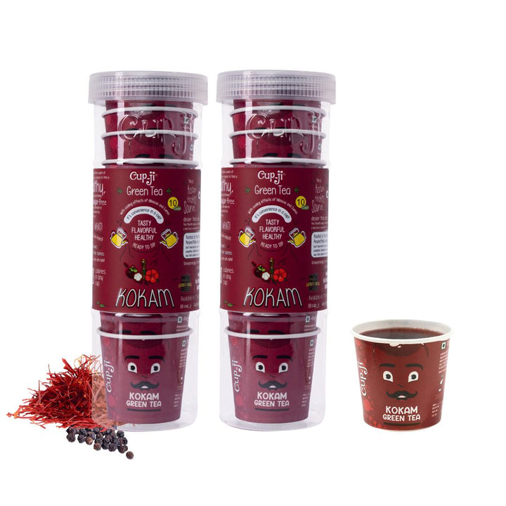 Cup-ji Ready to Sip Kokam Green Tea I With Hibiscus & Kokam I Effective on Weight Loss I Non Bitter & Whole Leaf Green Tea I Fruity & Peppery I10 Cups with Each Cup Size 210 ml | Pack of 2