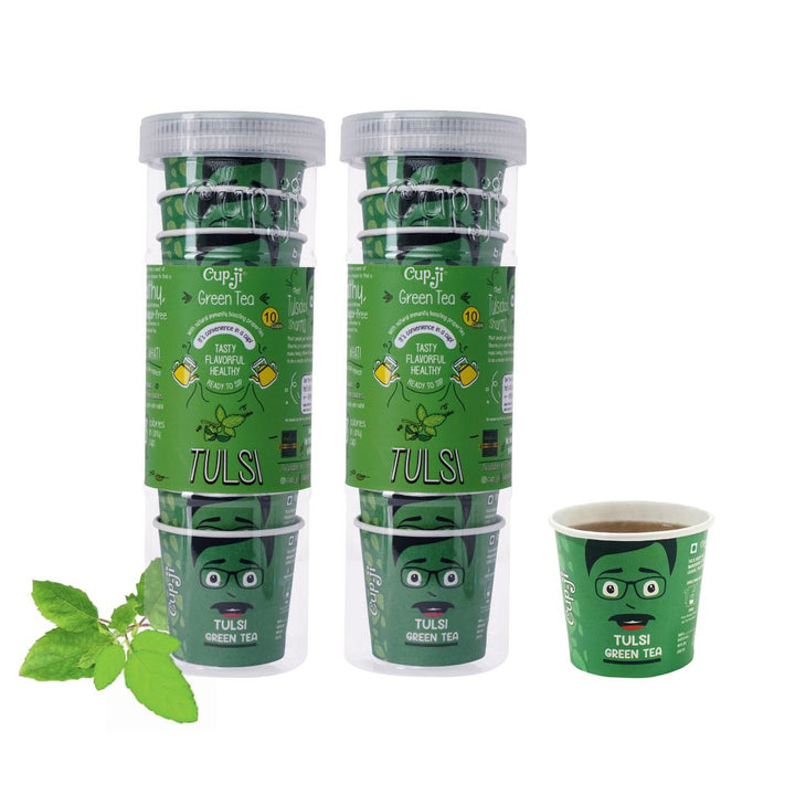 Cup-Ji Tulsi Green Tea | Contains Real Tulsi | Helps in Reducing Stress | Non Bitter & Tasty | Whole Leaf Tea |10 Cups with Each Cup Size 210 ml