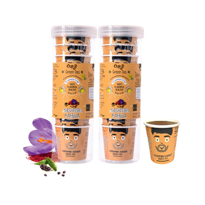 Cup-Ji Kashmiri Kahwa Green Tea | Support for Skin & Hair | Ready to Sip Green Tea Cups | Whole Leaf & Non Bitter Green Tea | 10 Cups with Each Cup Size 210 ml