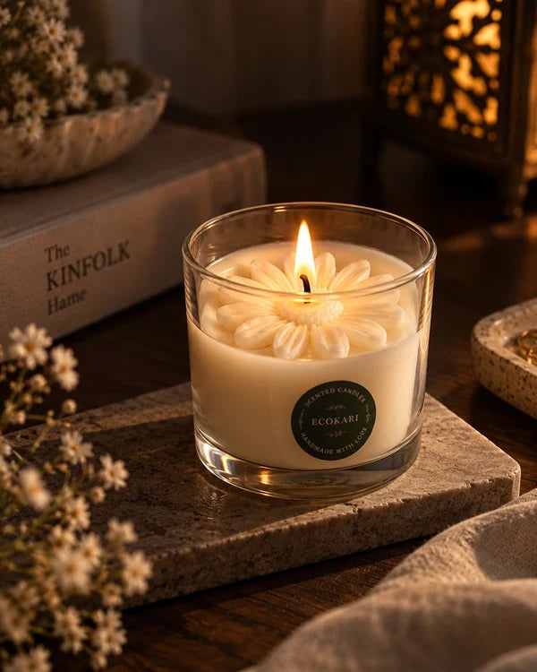 EcoKari Jasmine Bloom Floral Glass Jar Candle | Handcrafted Soy Wax Candle