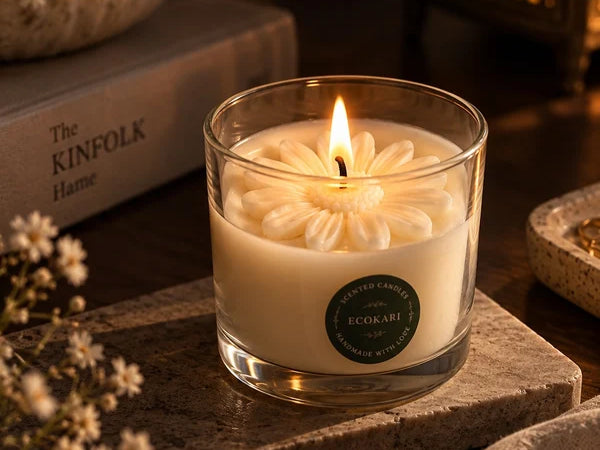 EcoKari Jasmine Bloom Floral Glass Jar Candle | Handcrafted Soy Wax Candle