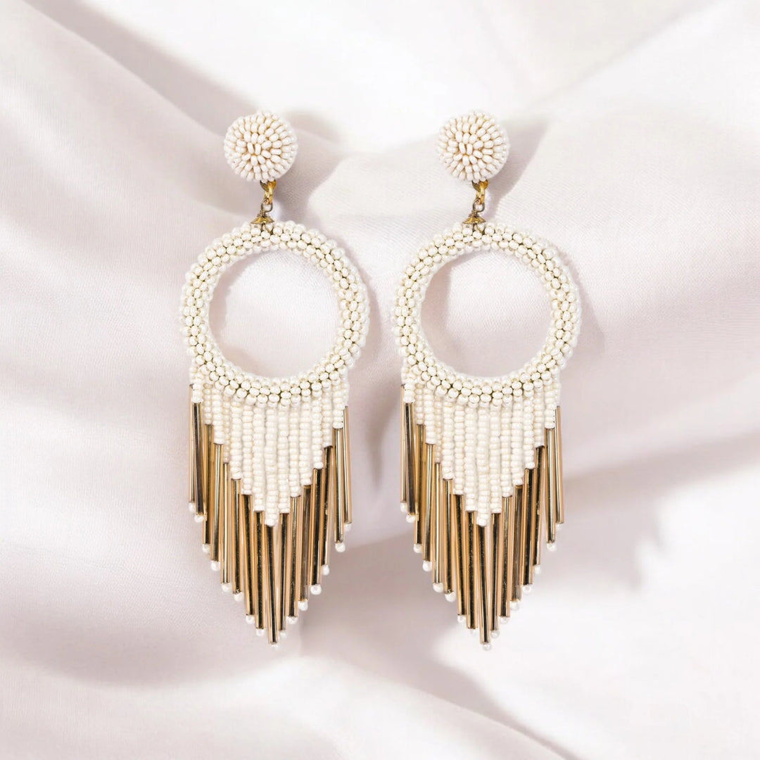 Bamboology Trends White Beaded Hoop Earrings with Gold Fringe – Elegant Statement Jewellery