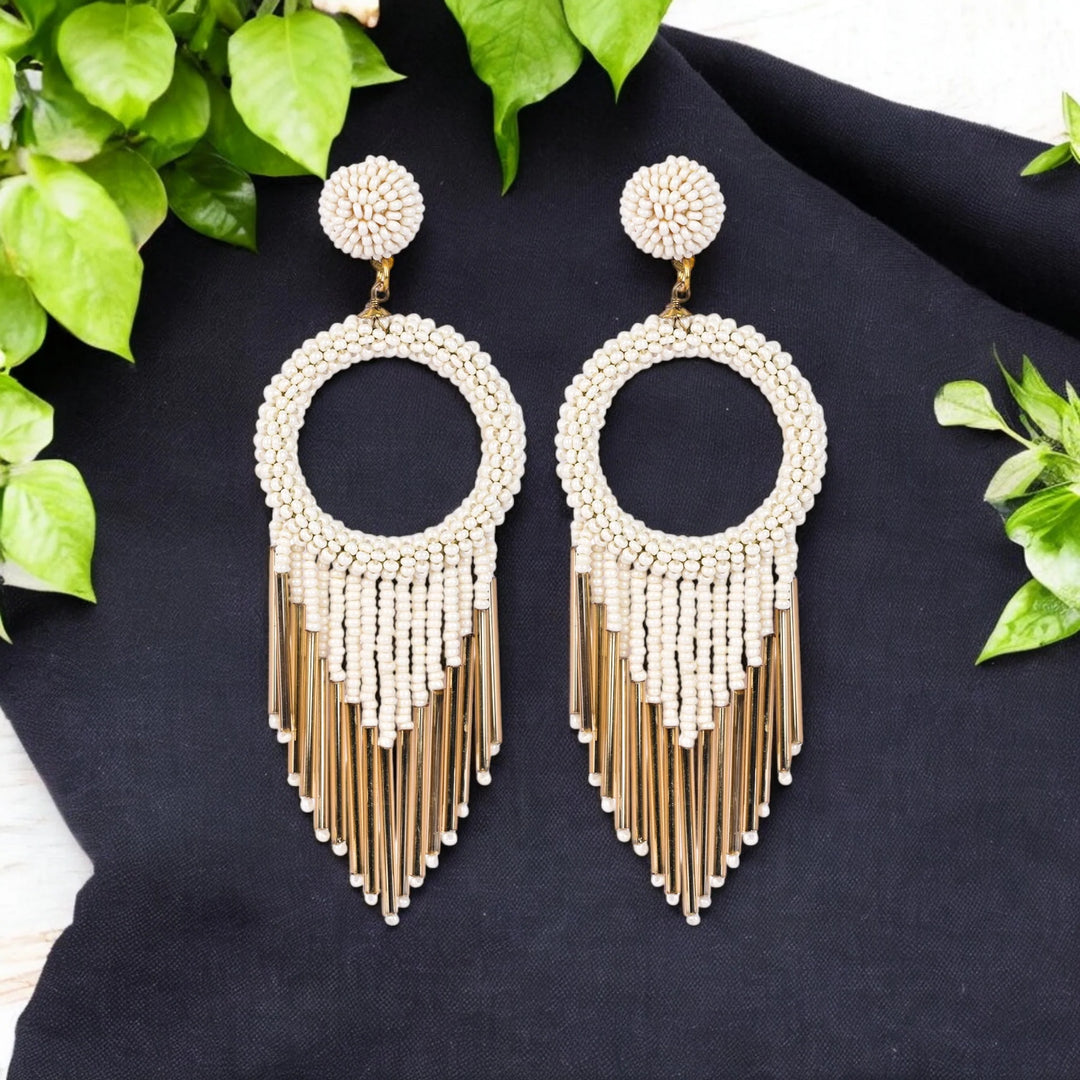 Bamboology Trends White Beaded Hoop Earrings with Gold Fringe – Elegant Statement Jewellery