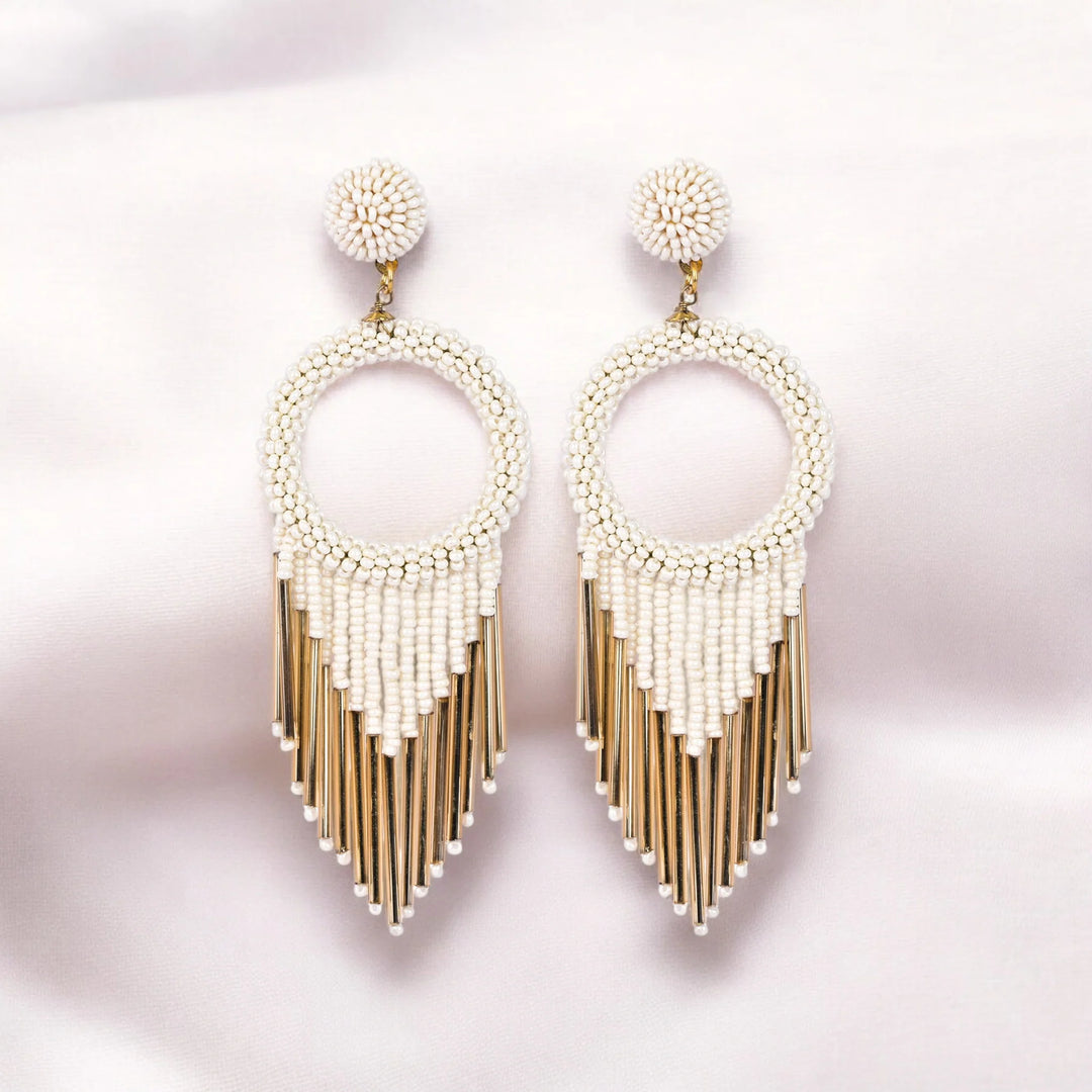 Bamboology Trends White Beaded Hoop Earrings with Gold Fringe – Elegant Statement Jewellery