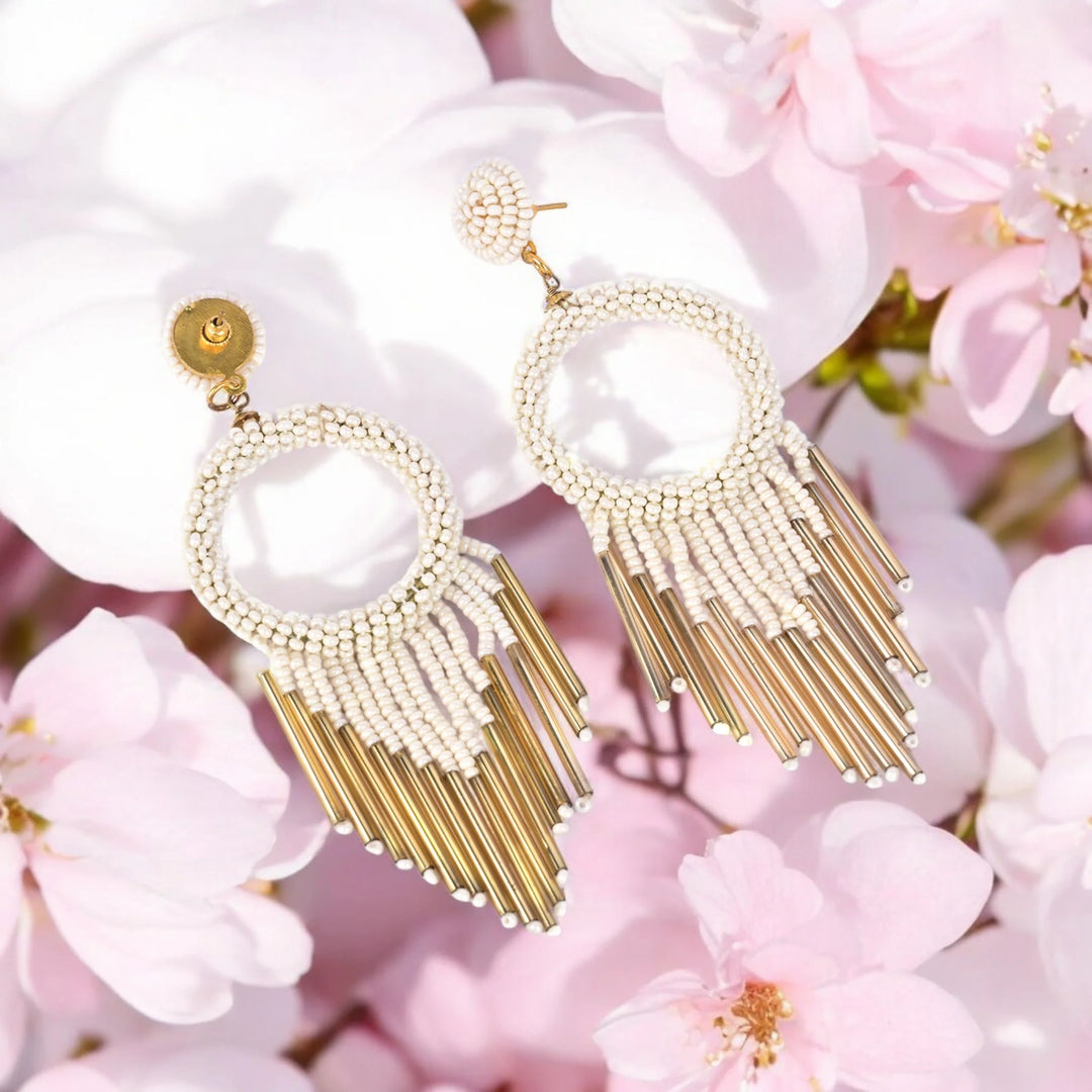 Bamboology Trends White Beaded Hoop Earrings with Gold Fringe – Elegant Statement Jewellery