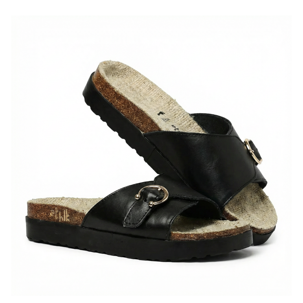 Flora Willow Black Double Strap Buckle Sandals