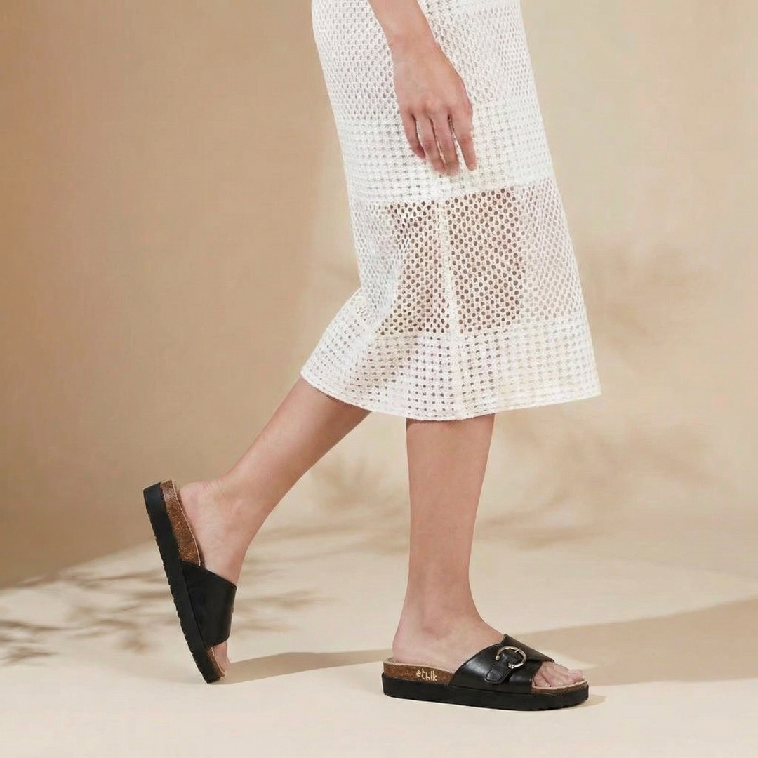 Flora Willow Black Double Strap Buckle Sandals