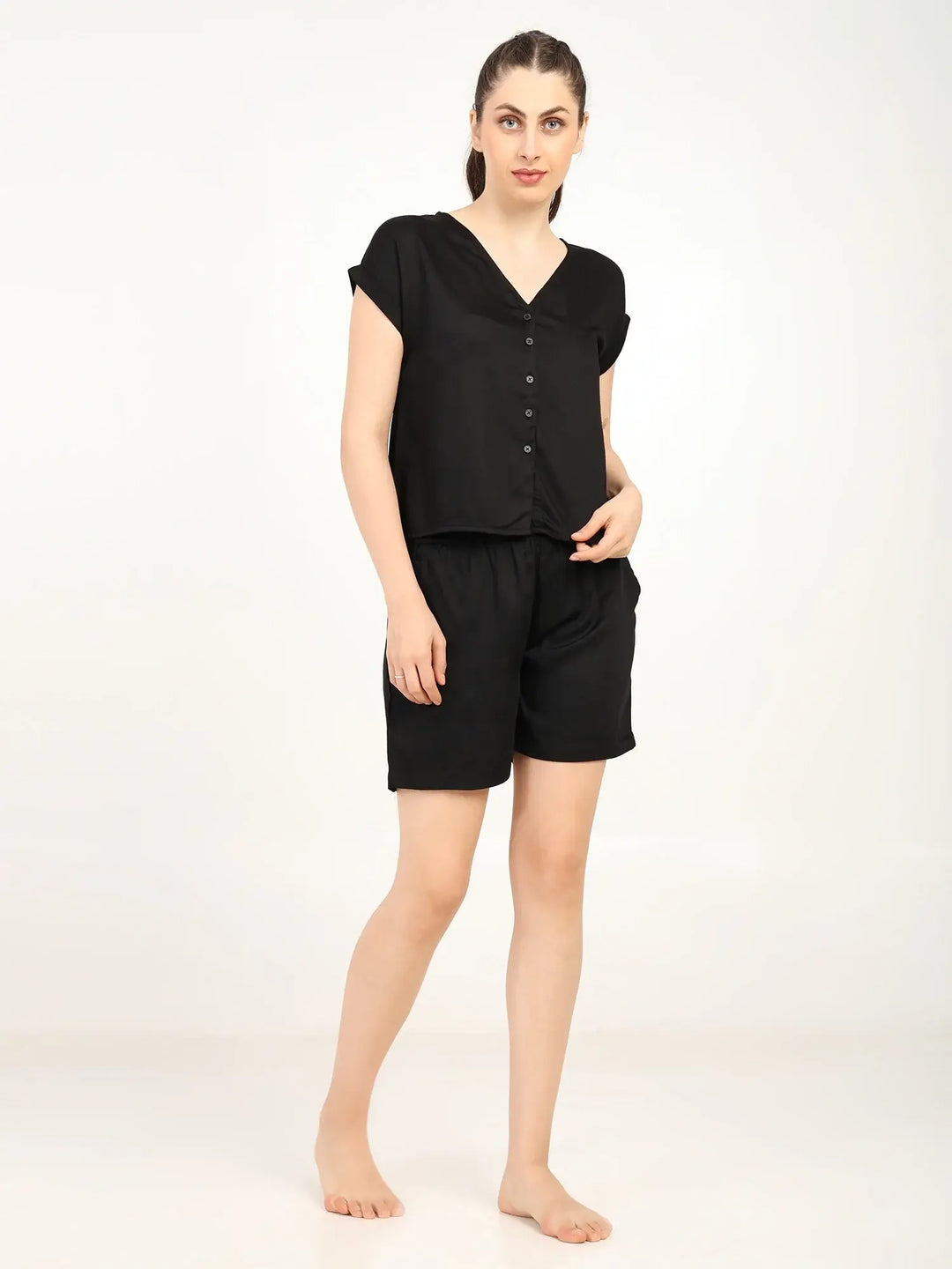 Women’s Modal Satin Night Suit – 2PC Soft Shirt & Shorts Sleepwear