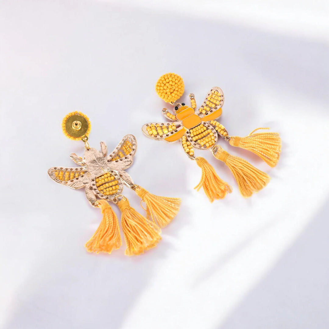 Bamboology Trends Yellow Beaded Bee Earrings with Tassel Accents – Statement Jewelry for a Bold Look