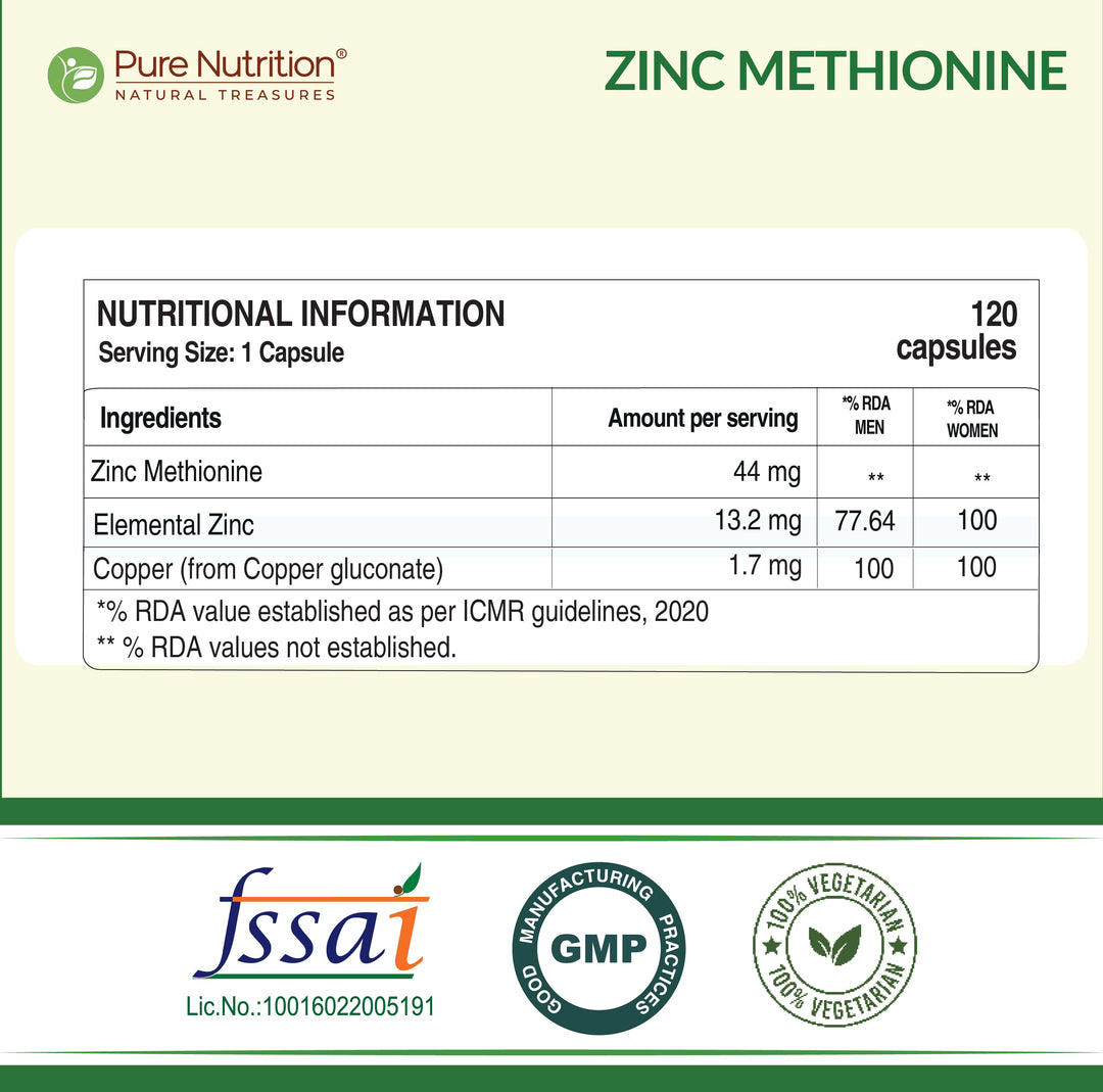 Zinc Methionine Veg Capsules  120 Count | High Absorption | Immunity & Skin