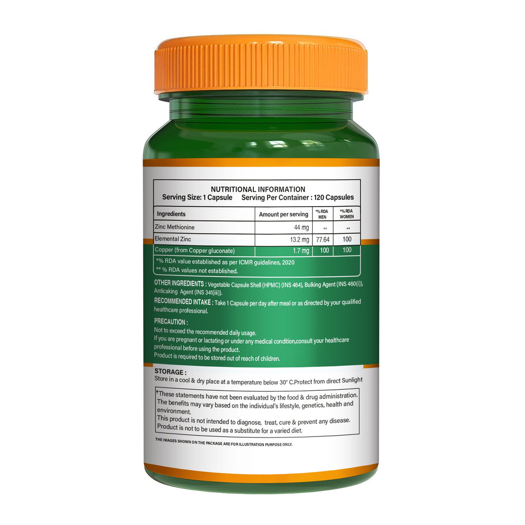 Zinc Methionine Veg Capsules  120 Count | High Absorption | Immunity & Skin