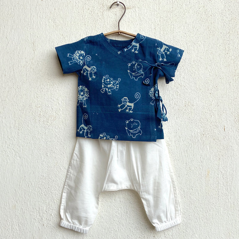 Whitewater Kids Unisex Organic Zoo Print Indigo Angarakha Top + White Pants