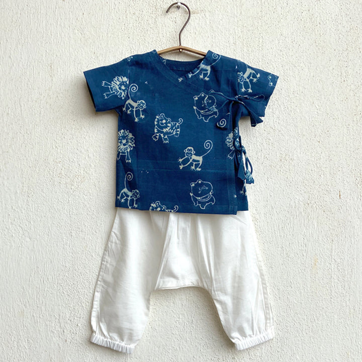 Whitewater Kids Unisex Organic Zoo Print Indigo Angarakha Top + White Pants