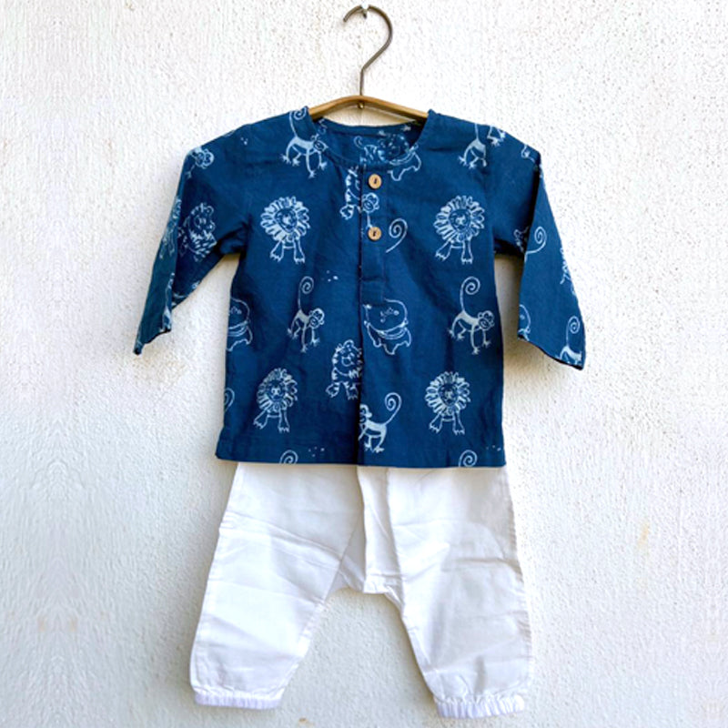 Whitewater Kids Unisex Organic Zoo Print Indigo Kurta + White Pants