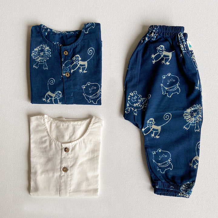 Whitewater Kids Unisex Organic Indigo Zoo Bag - Zoo And White Kurta + Zoo Pants