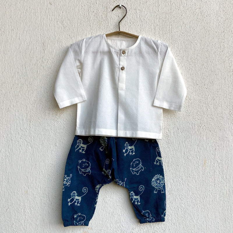 Whitewater Kids Unisex Organic Indigo Zoo Bag - Zoo And White Kurta + Zoo Pants