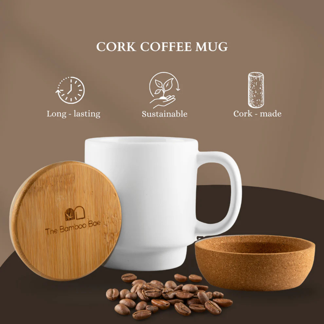 The Bamboo Bae Cork Coffee Mug | Porcelain Mug with Cork Base & Bamboo Lid | Eco Friendly Ceramic Cup | Heat Resistant | Unique Gift