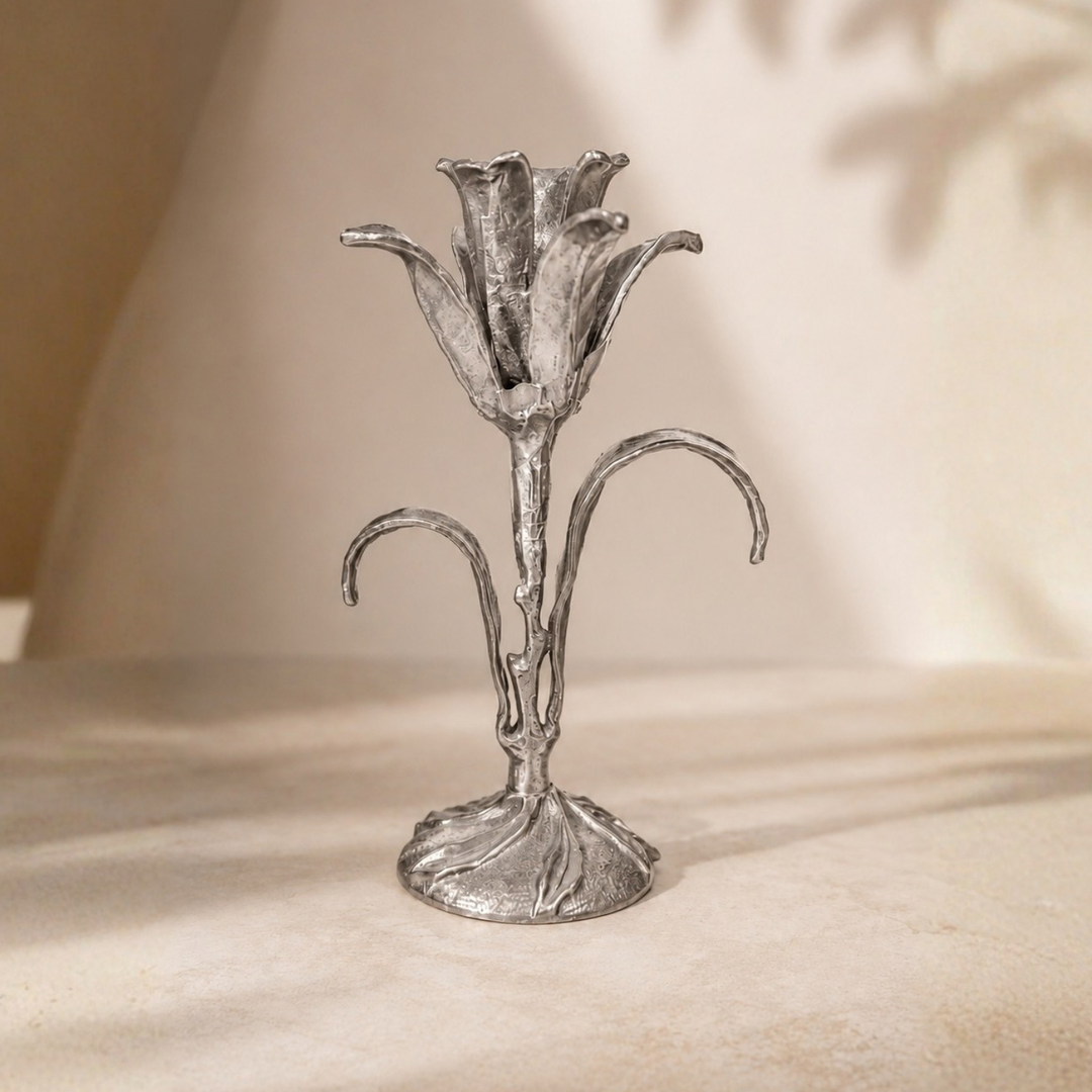 Kali Candle Stand | Budding Lily Brass Candle Holder | Silver Finish