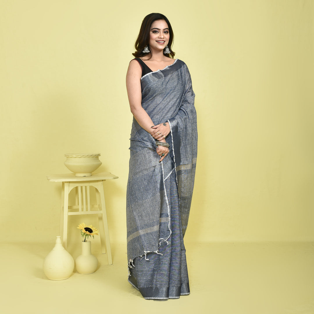 Grey Pure Linen Saree with Metallic Border
