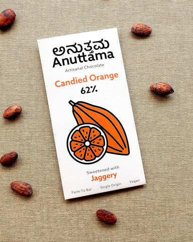 ANUTTAMA Candied Orange Dark Chocolate Bar - 62% Cocoa & Candied Orange - Vegan Chocolate Bar 50 gm