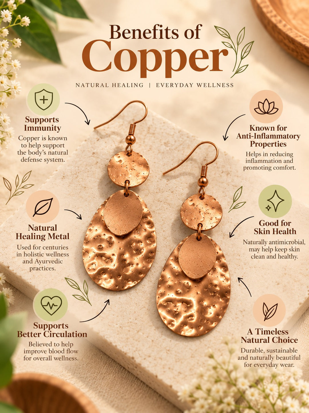 Bamboology Trends Hammered Copper Drop Earrings | Textured Oval Design