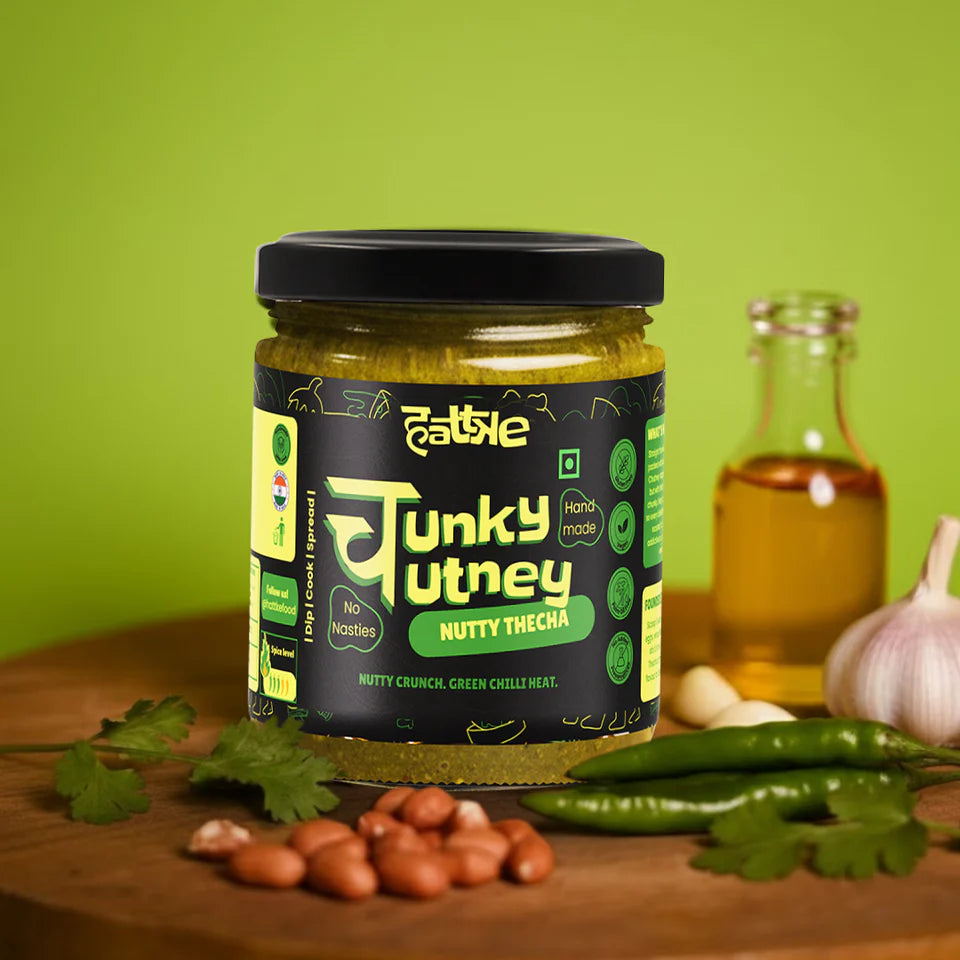 HATTKE Chunky Chutney - Nutty Thecha 175gm, Maharashtrian Style Spicy Peanut Garlic Green Chilli Paste Chutney/Thecha, Mirchi Kharda, All Natural, No preservatives
