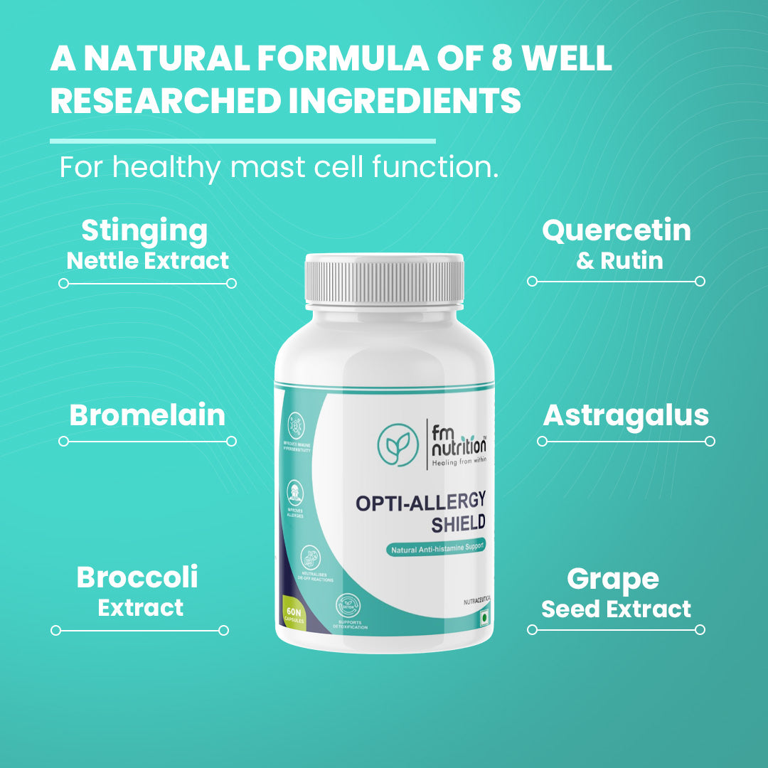 FM Nutrition Opti-Allergy Shield I Natural Anti-Histamine Complex I Quercetin with Bromelain and plant derivatives I Vegan I Non-GMO I 60 Veg Capsules