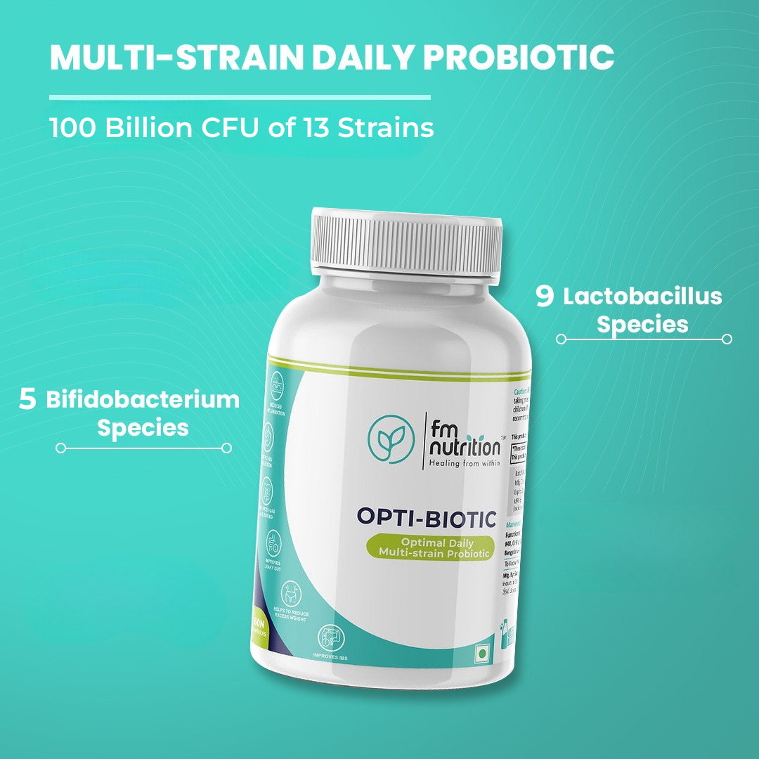 FM Nutrition Opti-Biotic I Multi-Strain Daily Probiotic I  100 Billion CFU of  Multi-Strains I Probiotic-Prebiotic-Postbiotic I  Gluten-free I Vegan I Stomach acid resistant I 60 Delayed-Release Caps