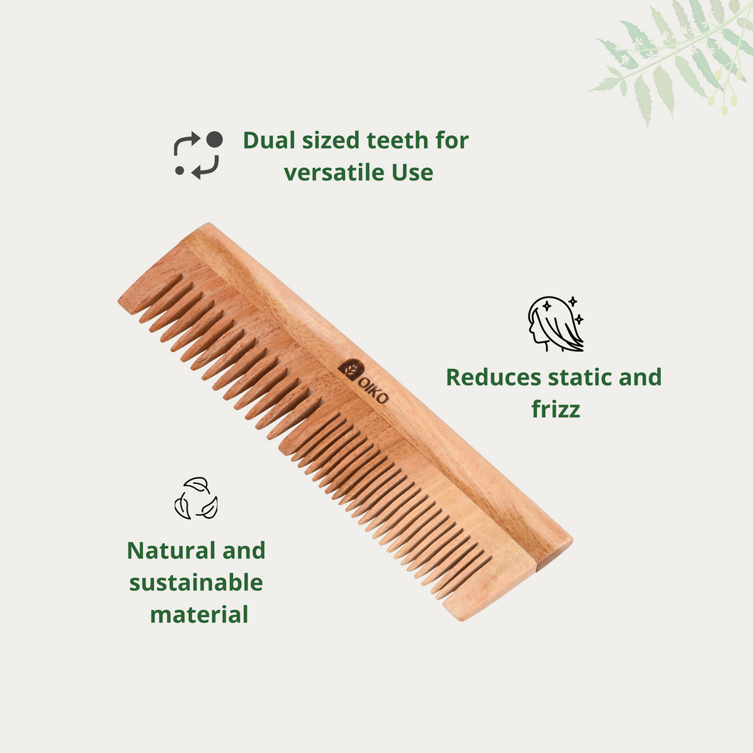 OIKO Neem Wood Hair Comb Combo Pack – Handle & Dual-Sided
