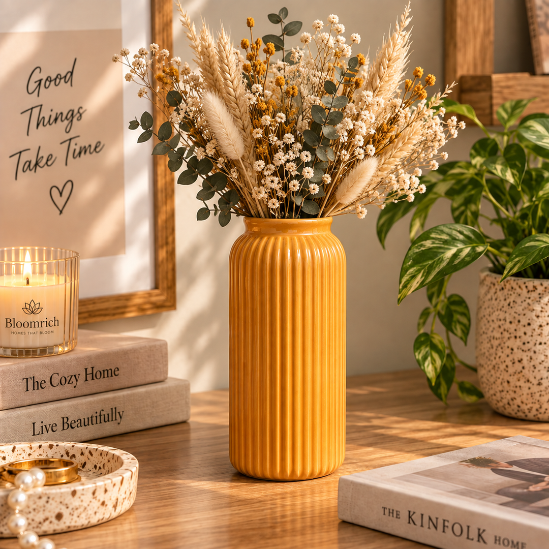 Soleil Moutarde – Tall Mustard Ribbed Ceramic Vase
