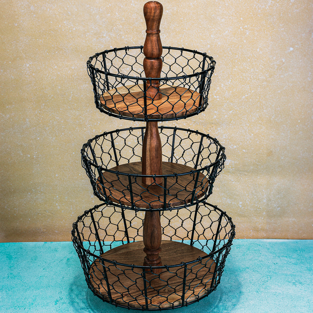 Ireka Homes Farmhouse Basket – Handcrafted Acacia Wood & Metal Storage Basket – Sturdy 3-Tier Organizer for Fruits, Vegetables & Kitchen Essentials