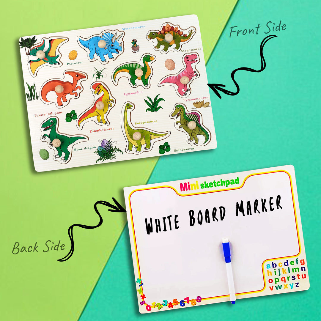 Wudly Toys Wooden Knob & Marker Puzzle Board | Alphabet, Numbers, Animals & Fruits