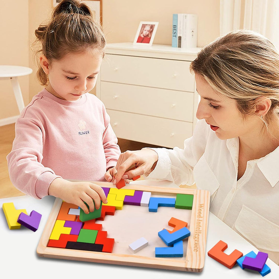 Wudly Toys Wooden Basic Russian Block Puzzle | Tetris Style, 10mm Blocks