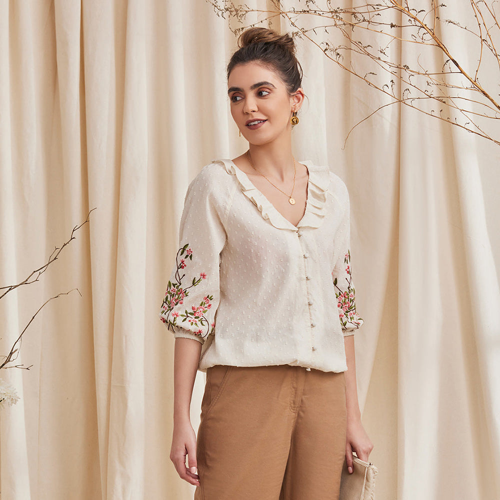 B77 Women's FIONA Embroidered Organic Cotton Dobby Shirt