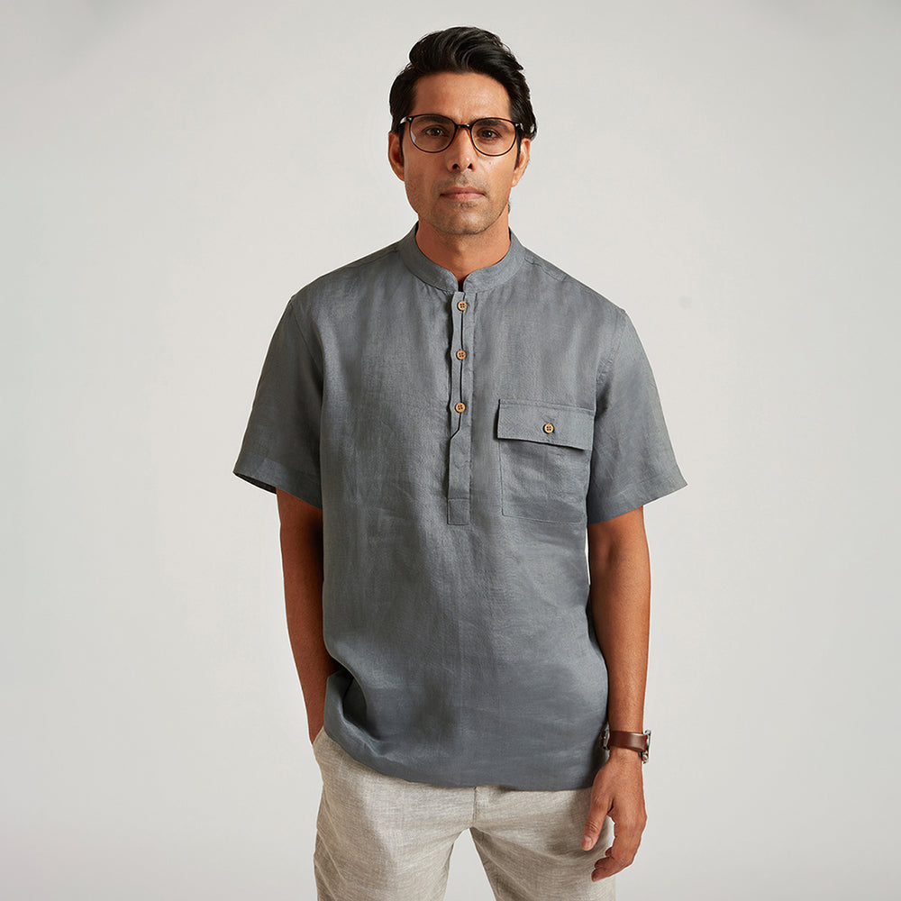 B77 Men's Casual Round Collar Linen Shirt