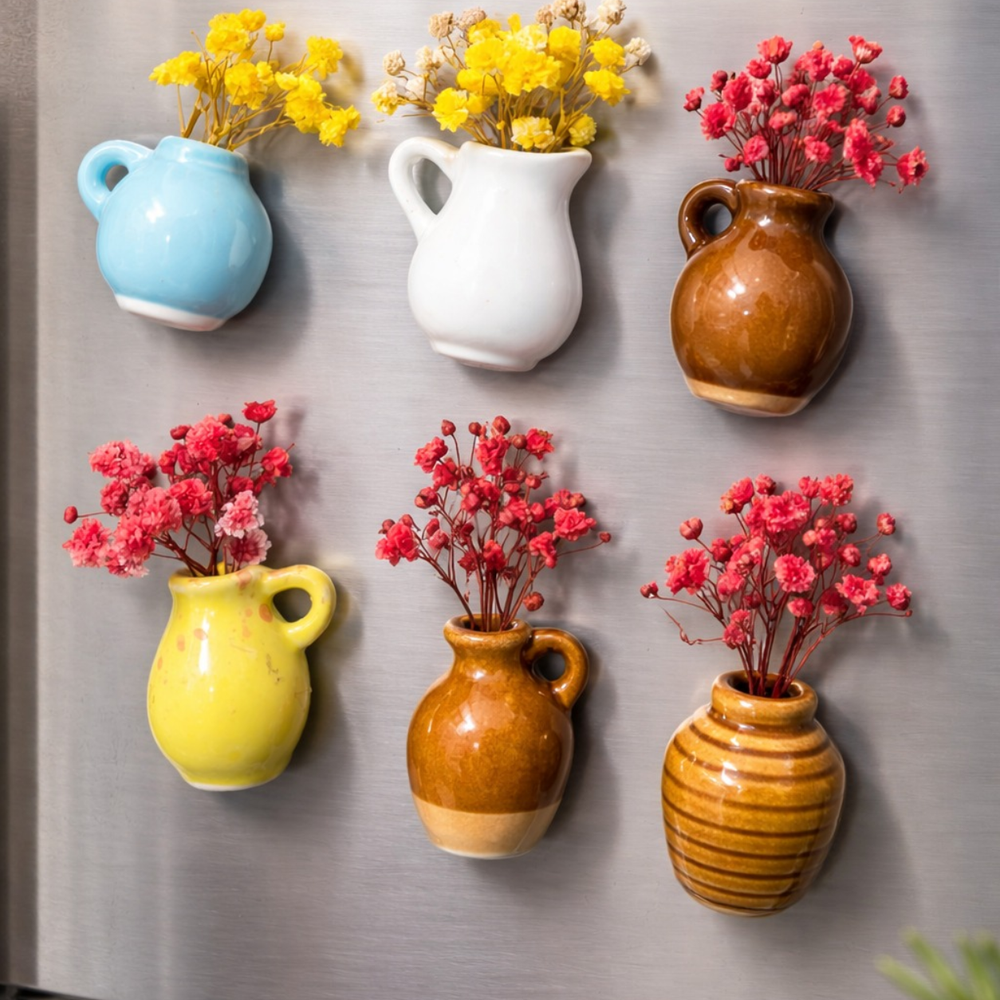 Garden Whispers Fridge Magnet Set of 6 | Mini Ceramic Flower Vase Magnets