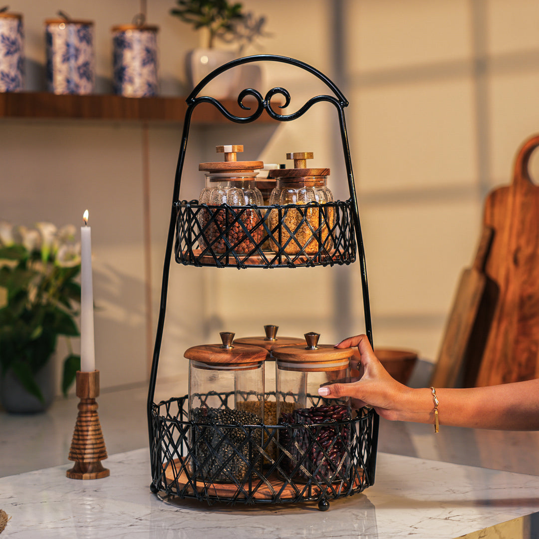 Ireka Homes Orbit Basket – Handcrafted Acacia Wood & Metal Storage Basket – Sturdy 2-Tier Organizer for Fruits, Vegetables & Kitchen Essentials