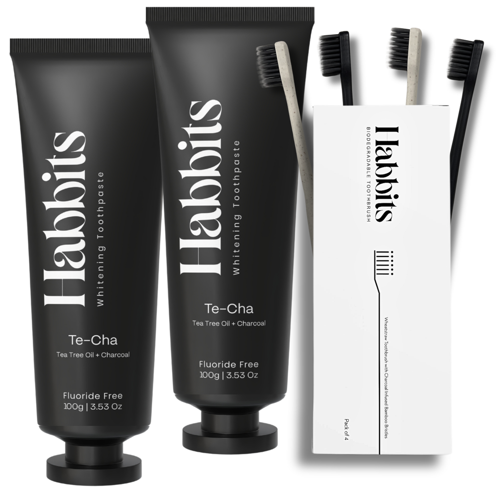 Habbits Natural Oral Care Bundle | 2 Charcoal Toothpaste (100g Each) + 4 Biodegradable Toothbrushes | Tea Tree + Activated Charcoal | Fights Plaque & Bad Breath | Natural, Vegan, Enamel-Safe Toothpaste |