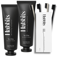 Habbits Natural Oral Care Bundle | 2 Charcoal Toothpaste (100g Each) + 4 Biodegradable Toothbrushes | Tea Tree + Activated Charcoal | Fights Plaque & Bad Breath | Natural, Vegan, Enamel-Safe Toothpaste |