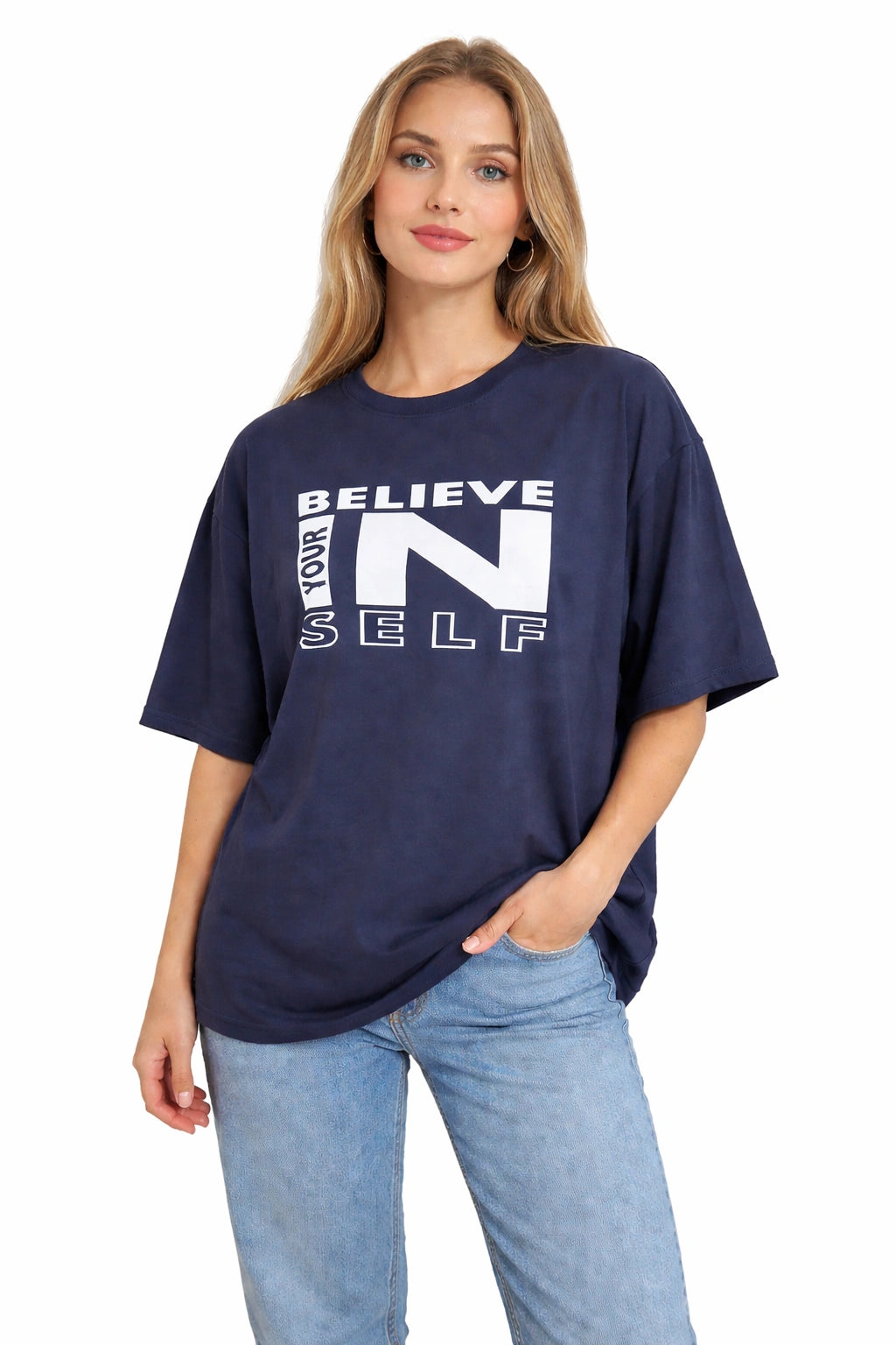 Women Bamboo Fabric Oversize Printed T-Shirt – Ultra Soft | Breathable | Sustainable Style | Navy