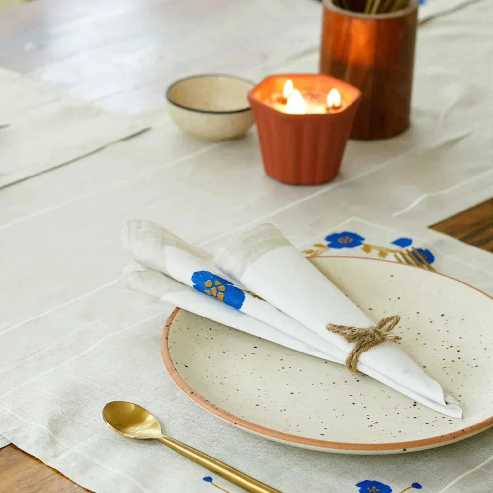 Pravaah Aaral Table Napkin | Blue Poppy Blossoms on Natural Hemp Fabric