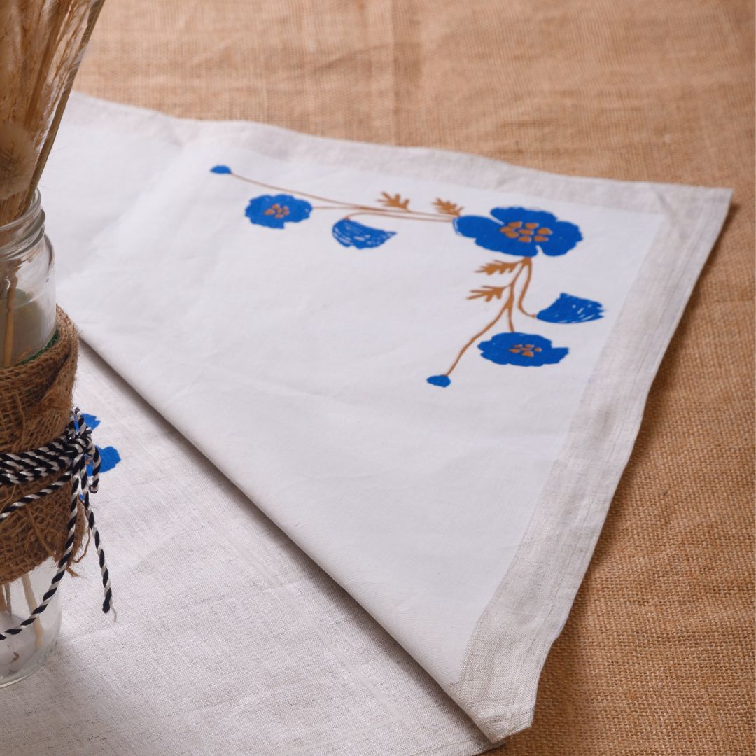 Aaral Table Napkin | Blue Poppy Blossoms on Natural Hemp Fabric - Suspire