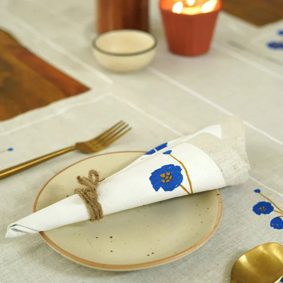 Aaral Table Napkin | Blue Poppy Blossoms on Natural Hemp Fabric - Suspire