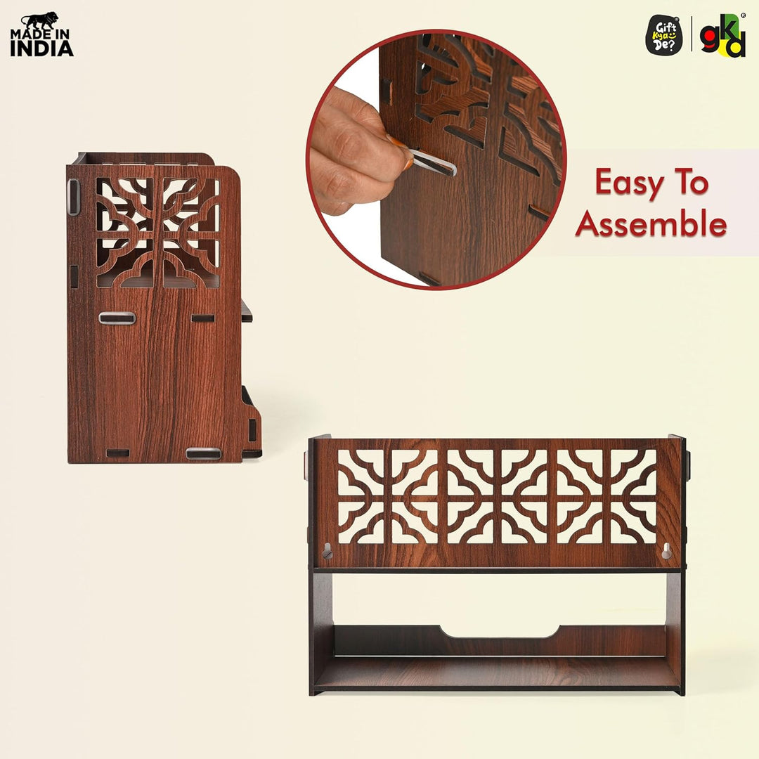 Aastha Compact Wooden Pooja Mandir for Home & Office | Small Table Top & Wall Mounted Wooden Temple Stand with Golden Acrylic Elegance (H - 8 x L - 12 x W - 5.5 Inch) - Suspire