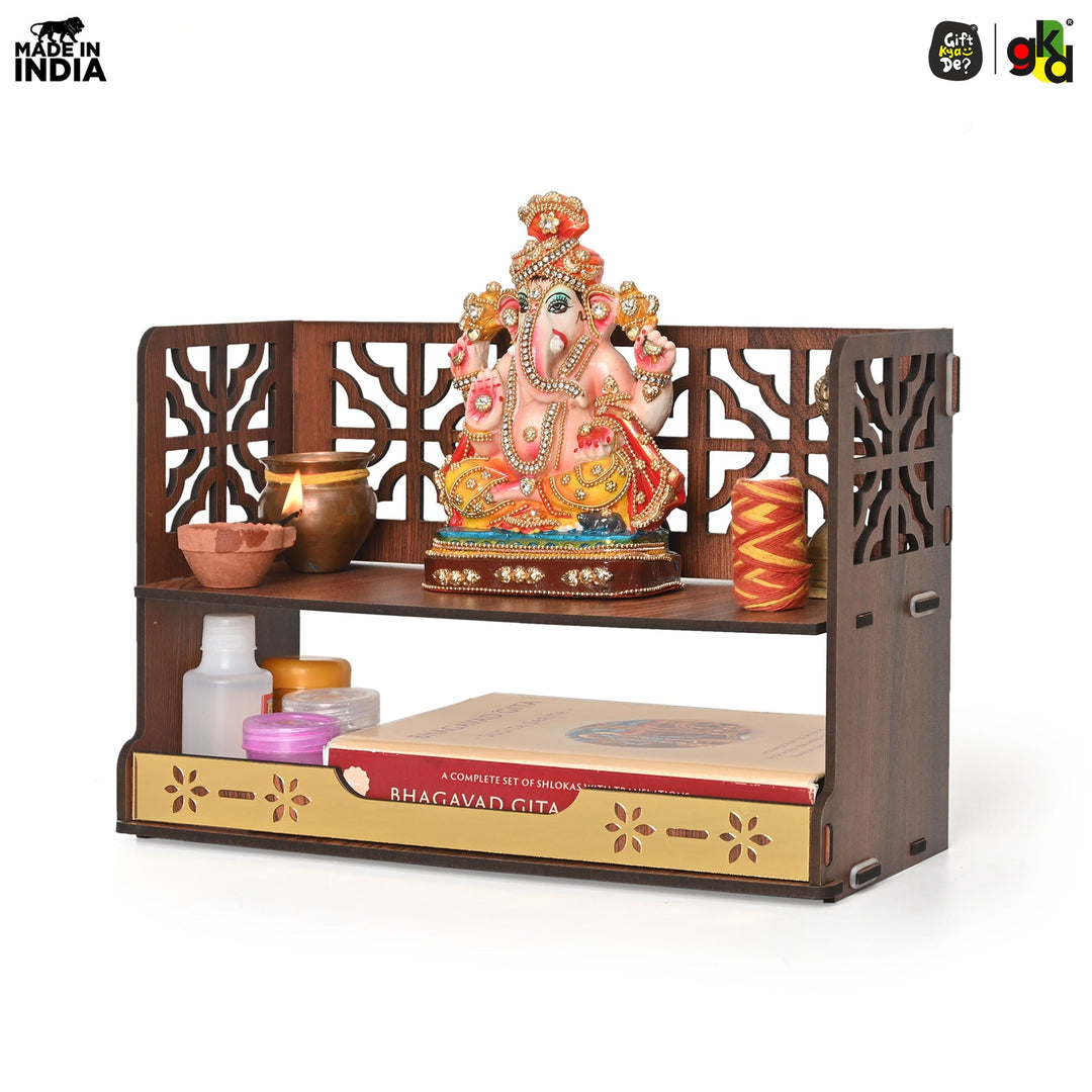 Aastha Compact Wooden Pooja Mandir for Home & Office | Small Table Top & Wall Mounted Wooden Temple Stand with Golden Acrylic Elegance (H - 8 x L - 12 x W - 5.5 Inch) - Suspire