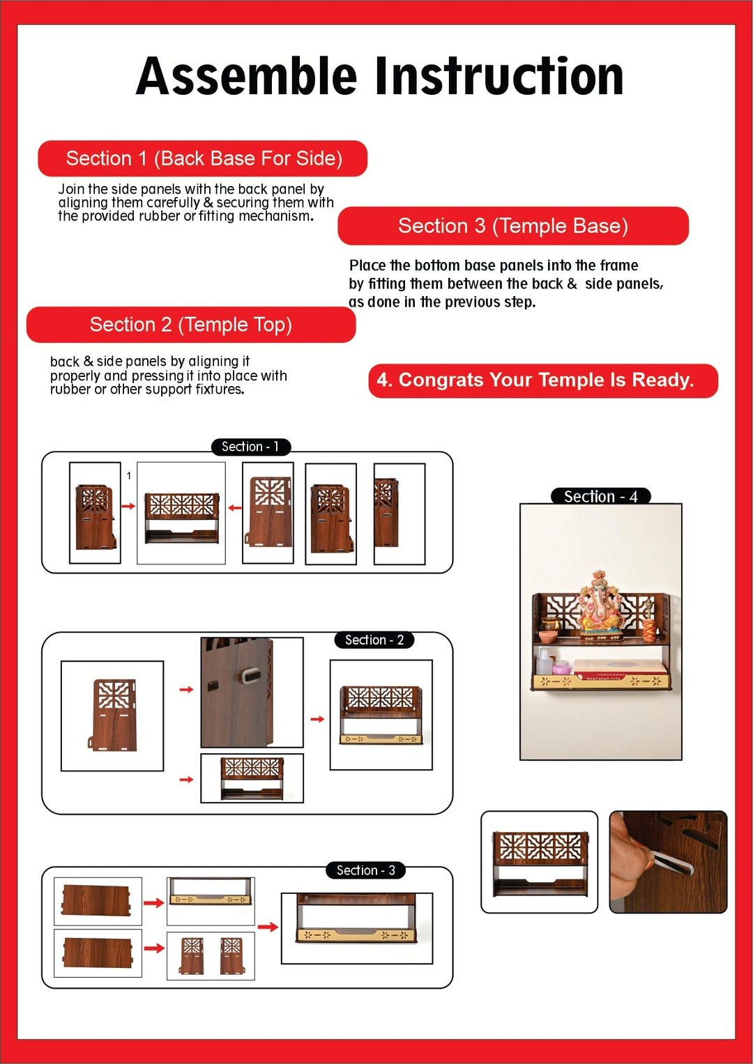 Aastha Compact Wooden Pooja Mandir for Home & Office | Small Table Top & Wall Mounted Wooden Temple Stand with Golden Acrylic Elegance (H - 8 x L - 12 x W - 5.5 Inch) - Suspire
