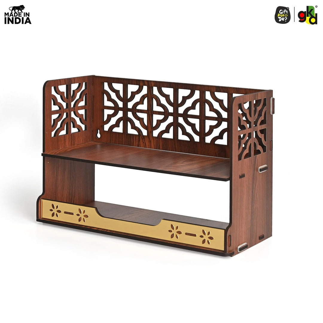 Aastha Compact Wooden Pooja Mandir for Home & Office | Small Table Top & Wall Mounted Wooden Temple Stand with Golden Acrylic Elegance (H - 8 x L - 12 x W - 5.5 Inch) - Suspire