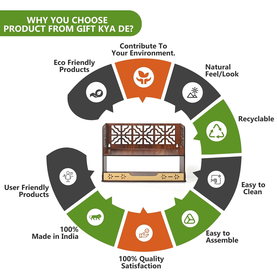 Aastha Compact Wooden Pooja Mandir for Home & Office | Small Table Top & Wall Mounted Wooden Temple Stand with Golden Acrylic Elegance (H - 8 x L - 12 x W - 5.5 Inch) - Suspire